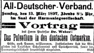 Ankündigung von Max Webers Vortrag "Das Polenthum in den deutschen Ostmarken" beim Alldeutschen Verband